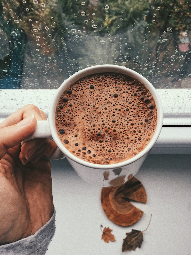 Hand holding a mug of foamy brown drink