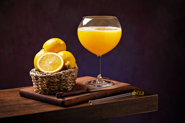 A glass of freshly-squeezed lemon juice, a main ingredient of the Sidecar Cocktail